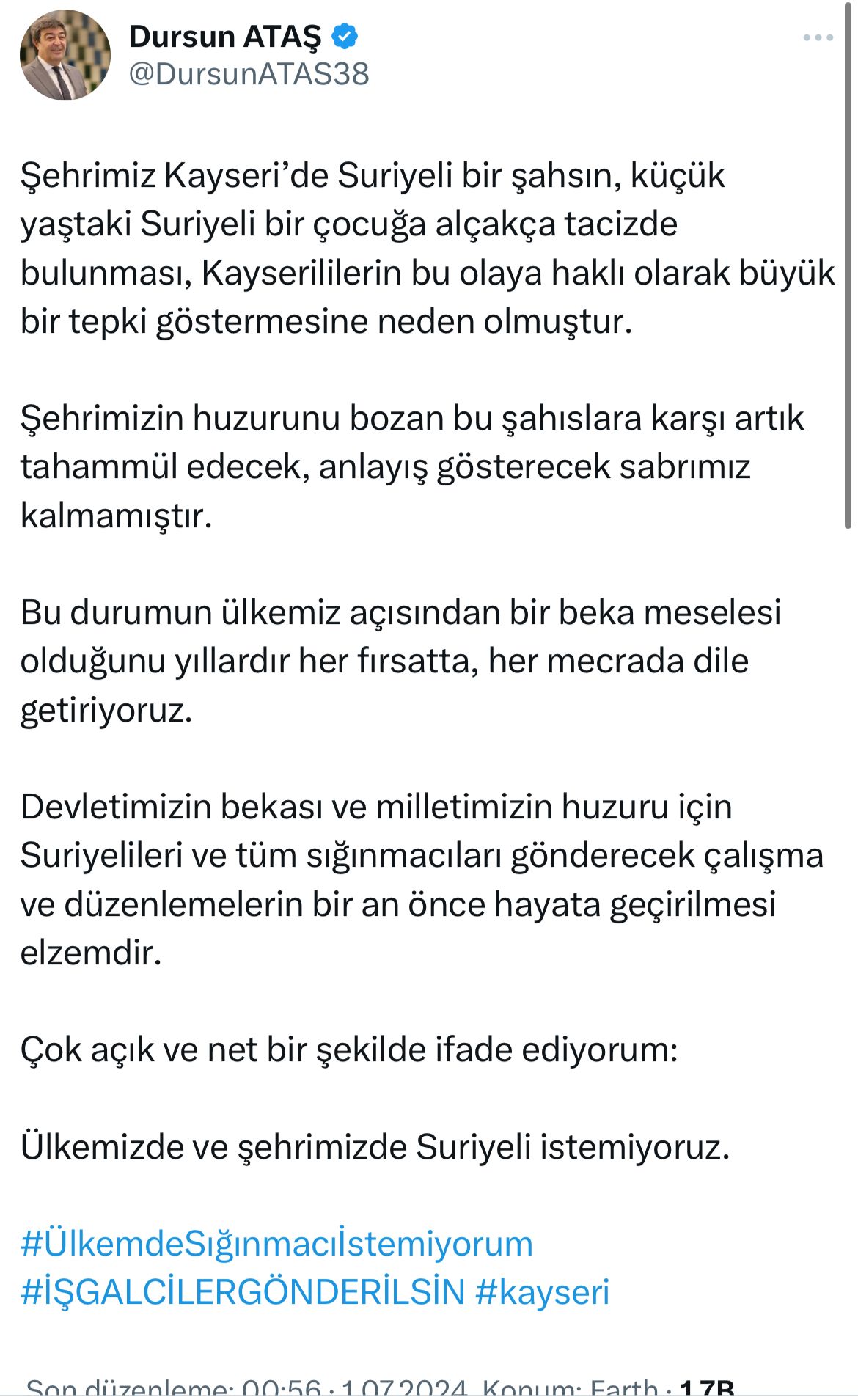 Milletvekili Ataş, “Ülkemizde ve şehrimizde Suriyeli istemiyoruz”